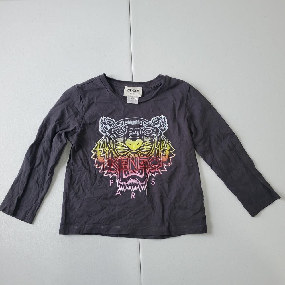 Kenzo Kids Shirt Unisex 4 Gray Tiger Logo Graphic Long Sleeve Crew Neck Top
